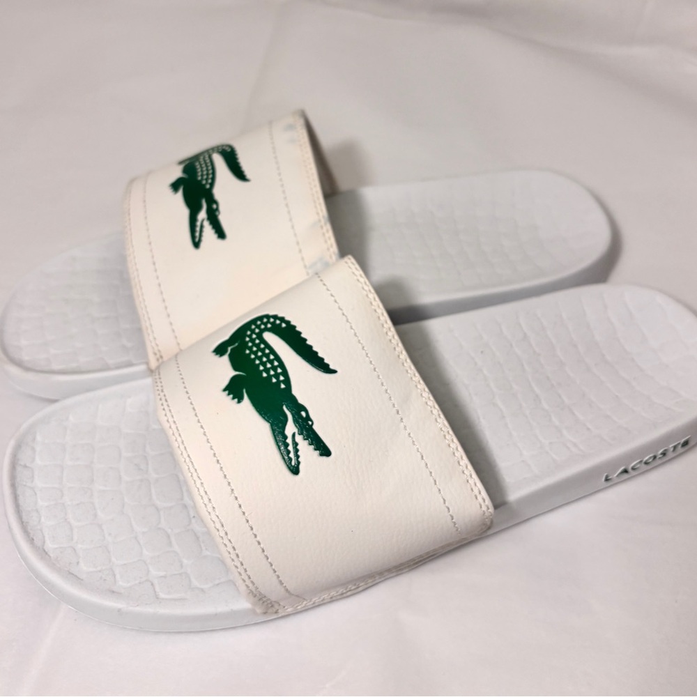 Lacoste White Slides with Green Logo
